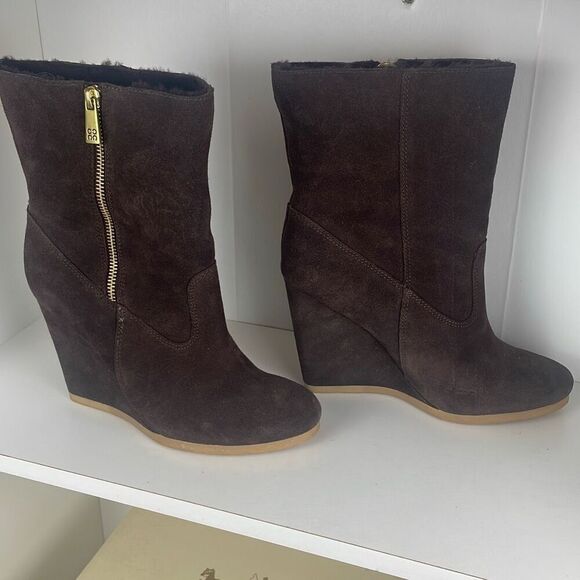 Coach Danee Suede Shearling Shaft Ankle Boots Chestnut Brown 7.5 - Picture 3 of 16